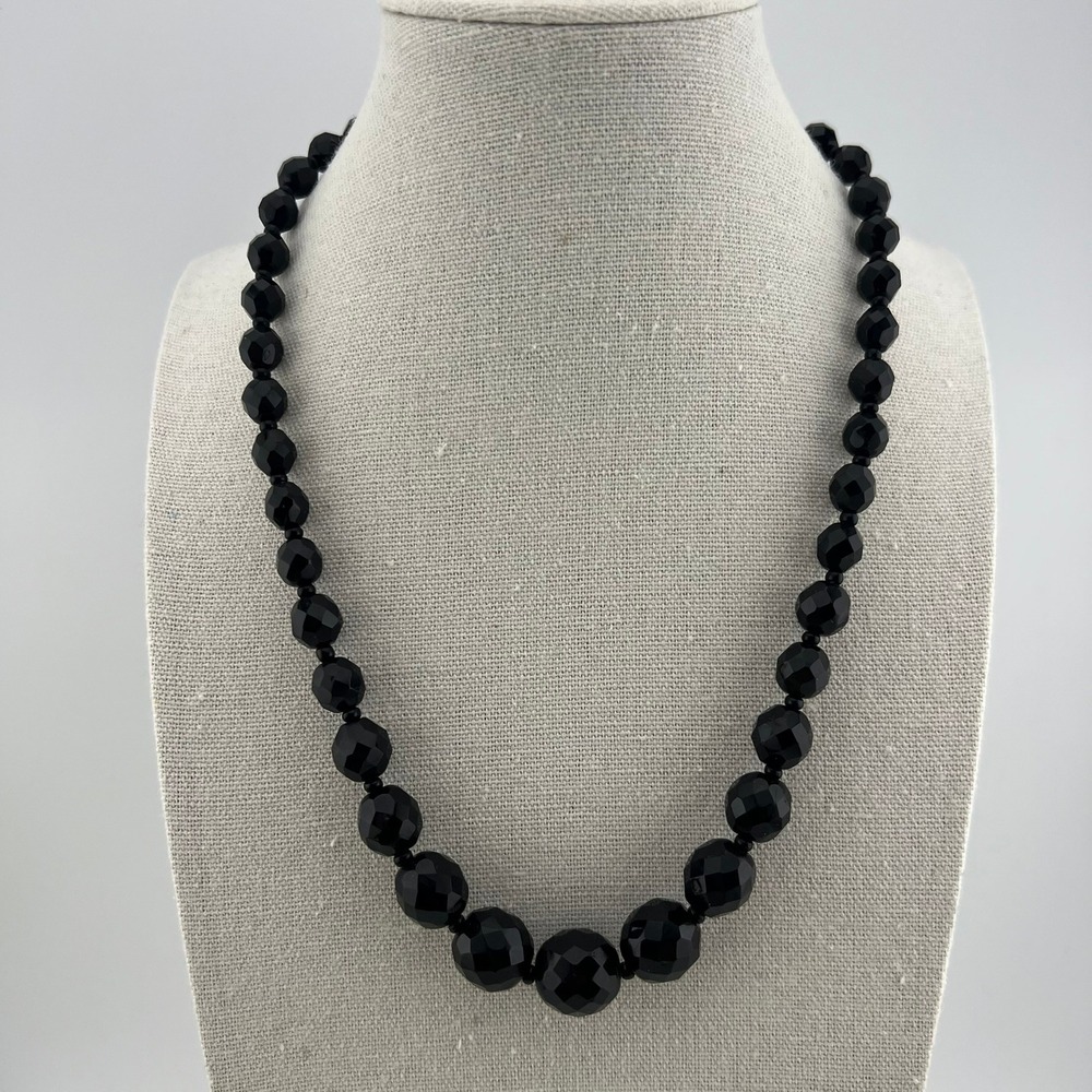 Vintage Black Faceted Graduated Bead Necklace with Small Spacer Beads